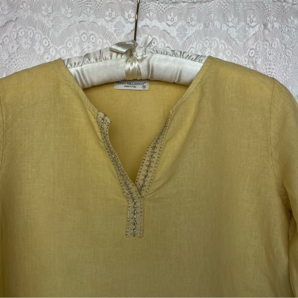 Terzo Millennio Linen Top Yellow High Low Roll Tab Sleeves Shirt Tunic Sz M - Picture 5 of 16